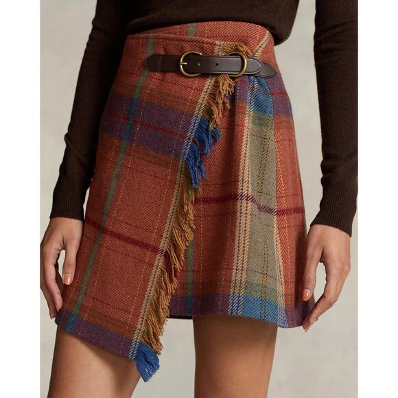 Polo Ralph Lauren Plaid Wool Tartan Plaid Fringe Mini Wrap Skirt 10 NWT $348 - Picture 2 of 6